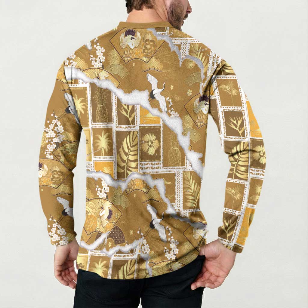 Hawaii Japanese Culture Gold Button Sweatshirt Spring Cranes Aloha Pattern LT01 - Polynesian Pride