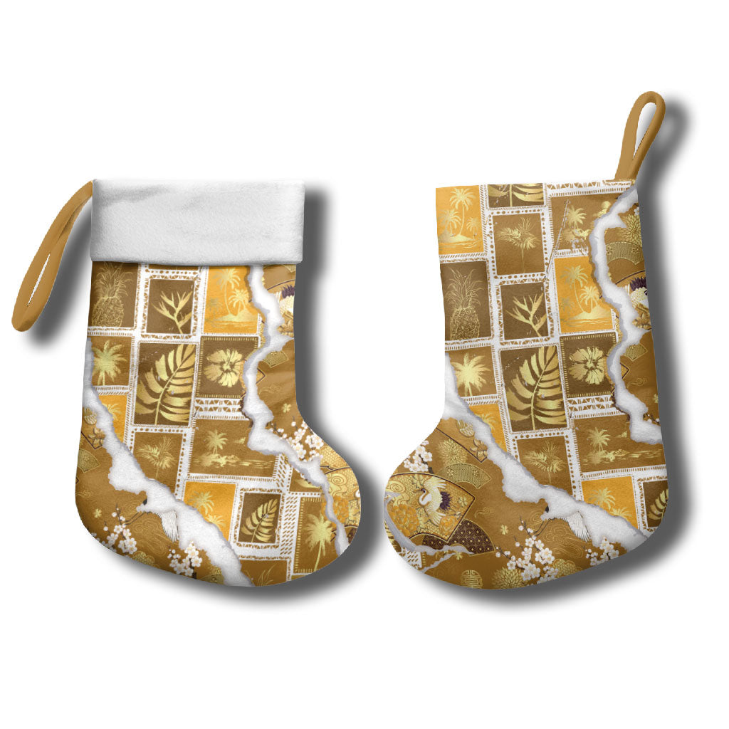 Hawaii Japanese Culture Gold Christmas Stocking Spring Cranes Aloha Pattern LT01 - Polynesian Pride