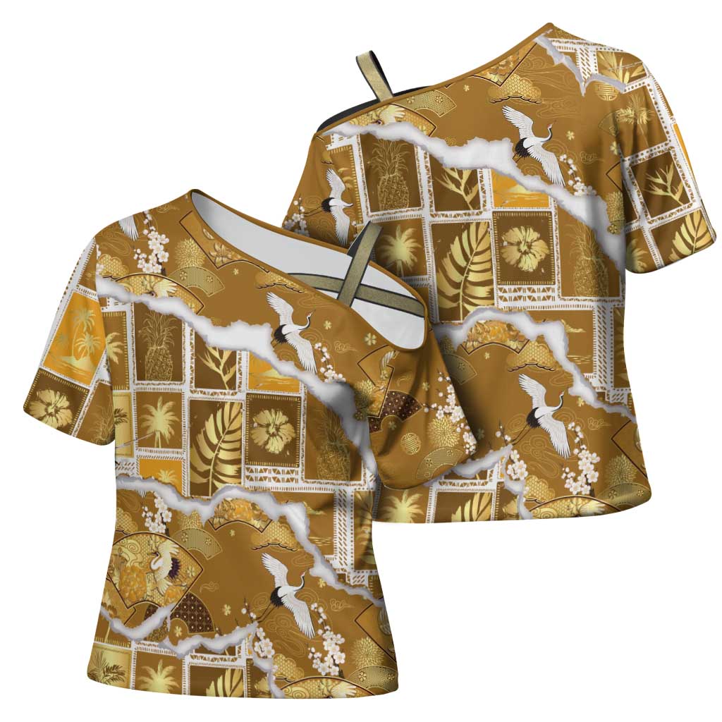 Hawaii Japanese Culture Gold Cross Shoulder Shirt Spring Cranes Aloha Pattern LT01 - Polynesian Pride