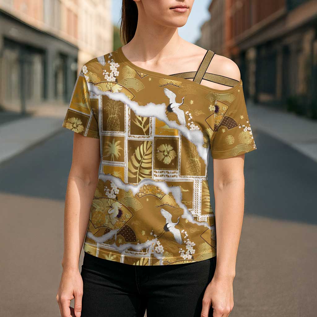 Hawaii Japanese Culture Gold Cross Shoulder Shirt Spring Cranes Aloha Pattern LT01 - Polynesian Pride