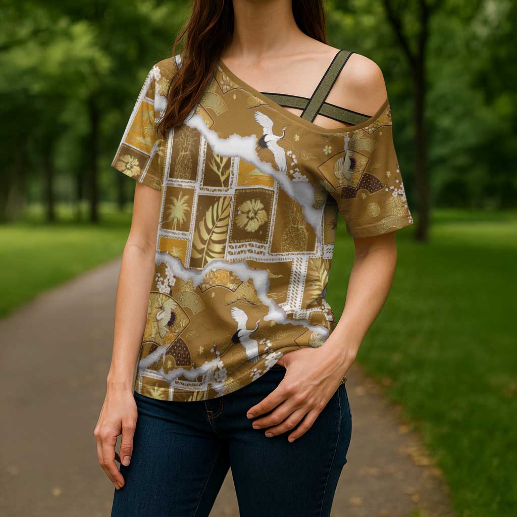 Hawaii Japanese Culture Gold Cross Shoulder Shirt Spring Cranes Aloha Pattern LT01 - Polynesian Pride