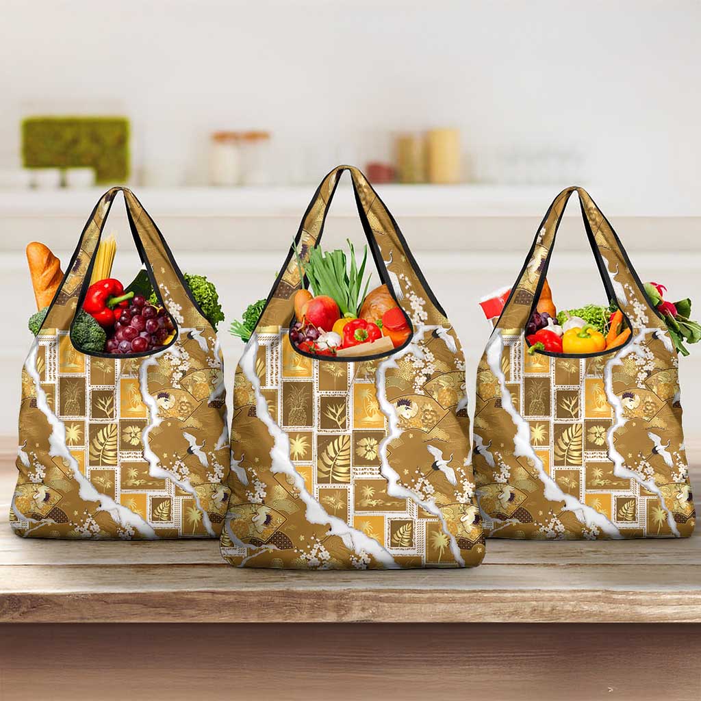 Hawaii Japanese Culture Gold Grocery Bag Spring Cranes Aloha Pattern LT01 3-pack One Size Gold - Polynesian Pride