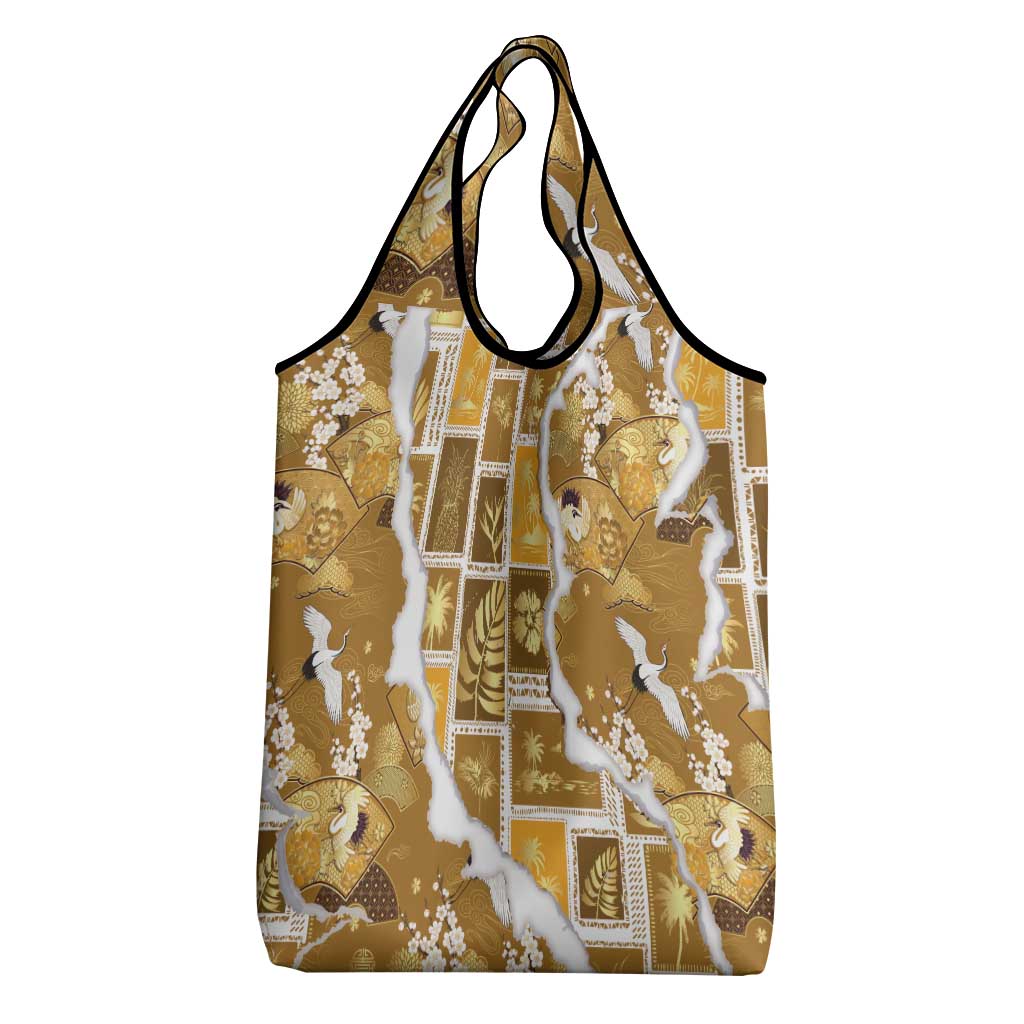 Hawaii Japanese Culture Gold Grocery Bag Spring Cranes Aloha Pattern LT01 - Polynesian Pride