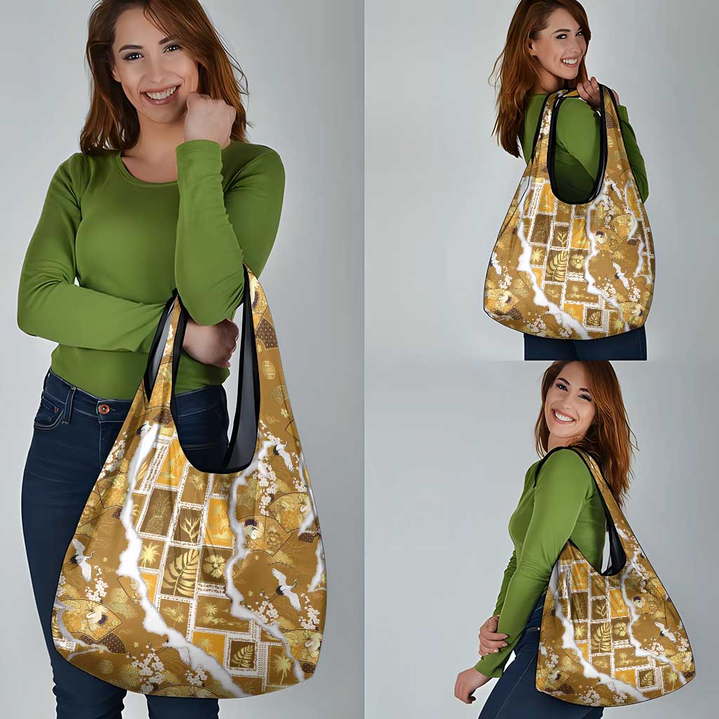 Hawaii Japanese Culture Gold Grocery Bag Spring Cranes Aloha Pattern LT01 - Polynesian Pride