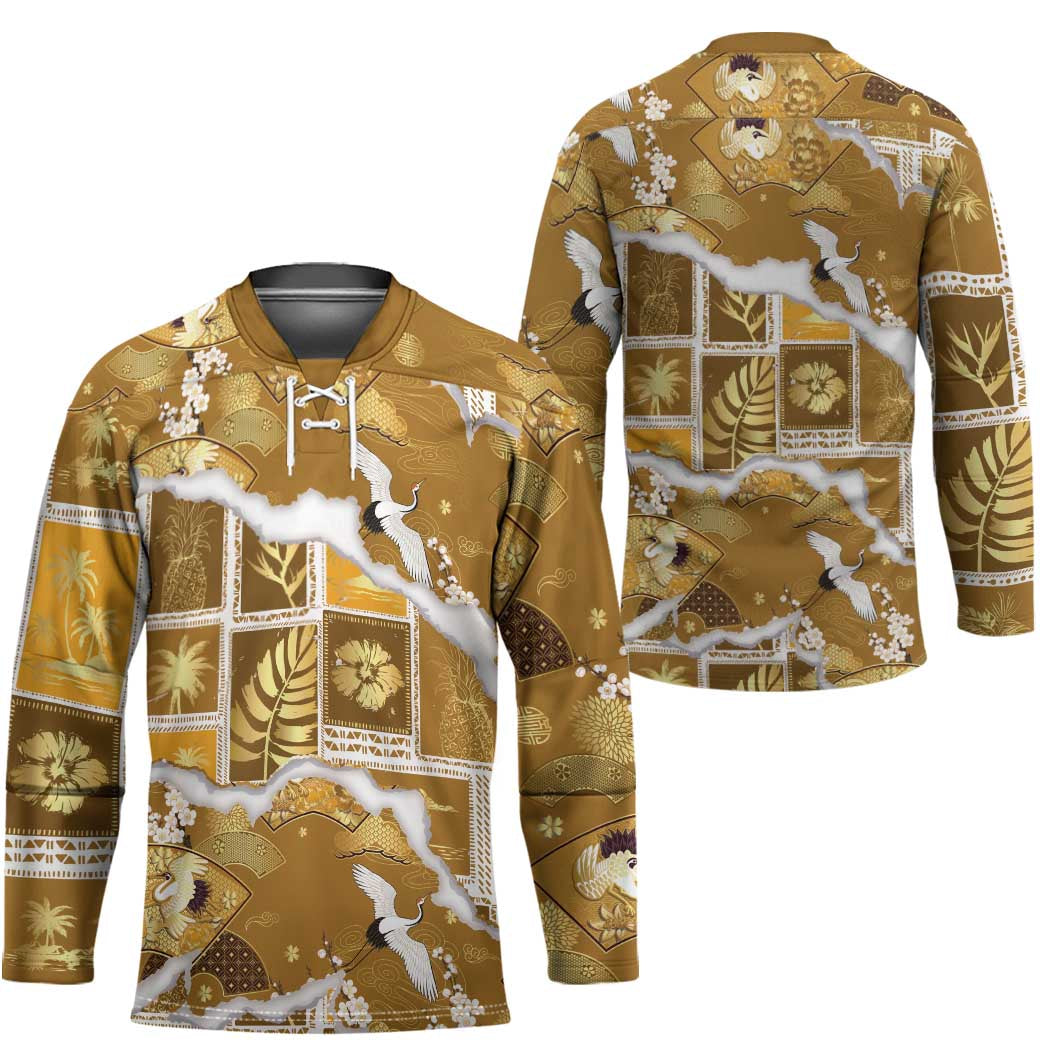 Hawaii Japanese Culture Gold Hockey Jersey Spring Cranes Aloha Pattern LT01 - Polynesian Pride