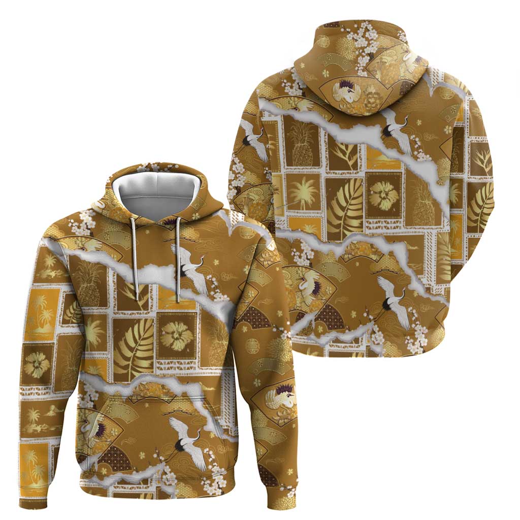 Hawaii Japanese Culture Gold Hoodie Spring Cranes Aloha Pattern LT01 - Polynesian Pride