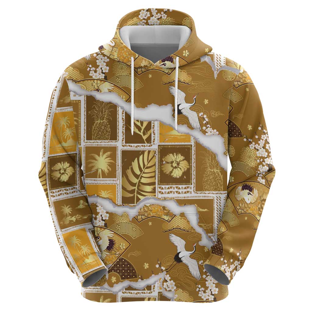 Hawaii Japanese Culture Gold Hoodie Spring Cranes Aloha Pattern LT01 - Polynesian Pride