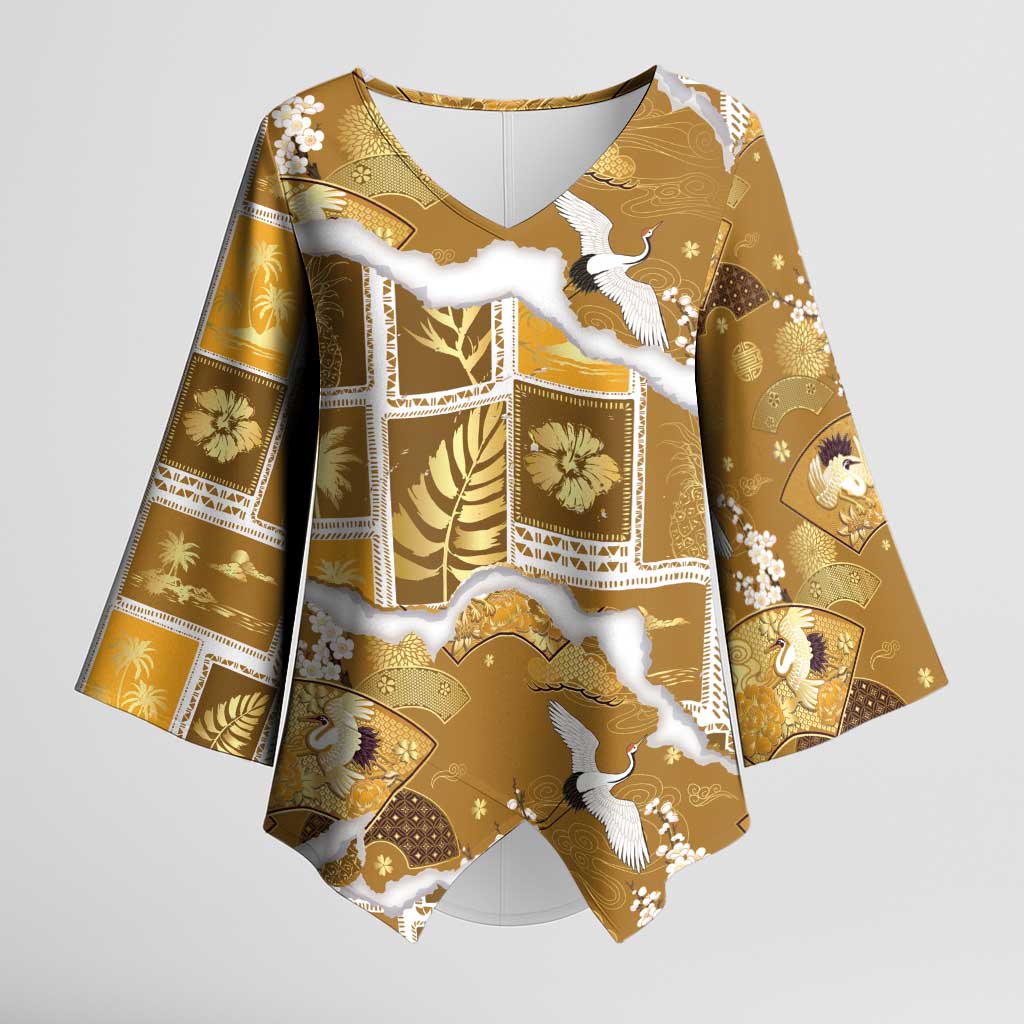 Hawaii Japanese Culture Gold Kimono Sleeve Blouse Spring Cranes Aloha Pattern LT01 Female Gold - Polynesian Pride