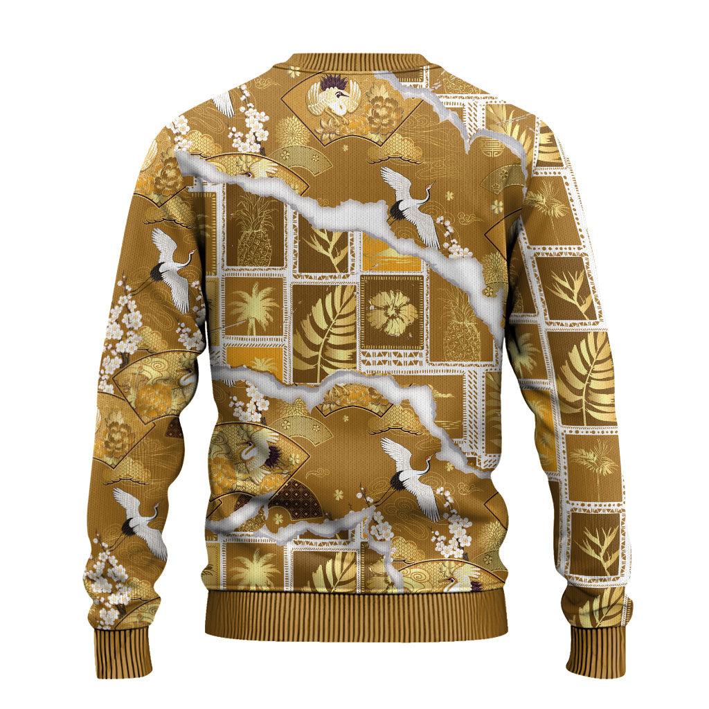 Hawaii Japanese Culture Gold Ugly Christmas Sweater Spring Cranes Aloha Pattern LT01 - Polynesian Pride