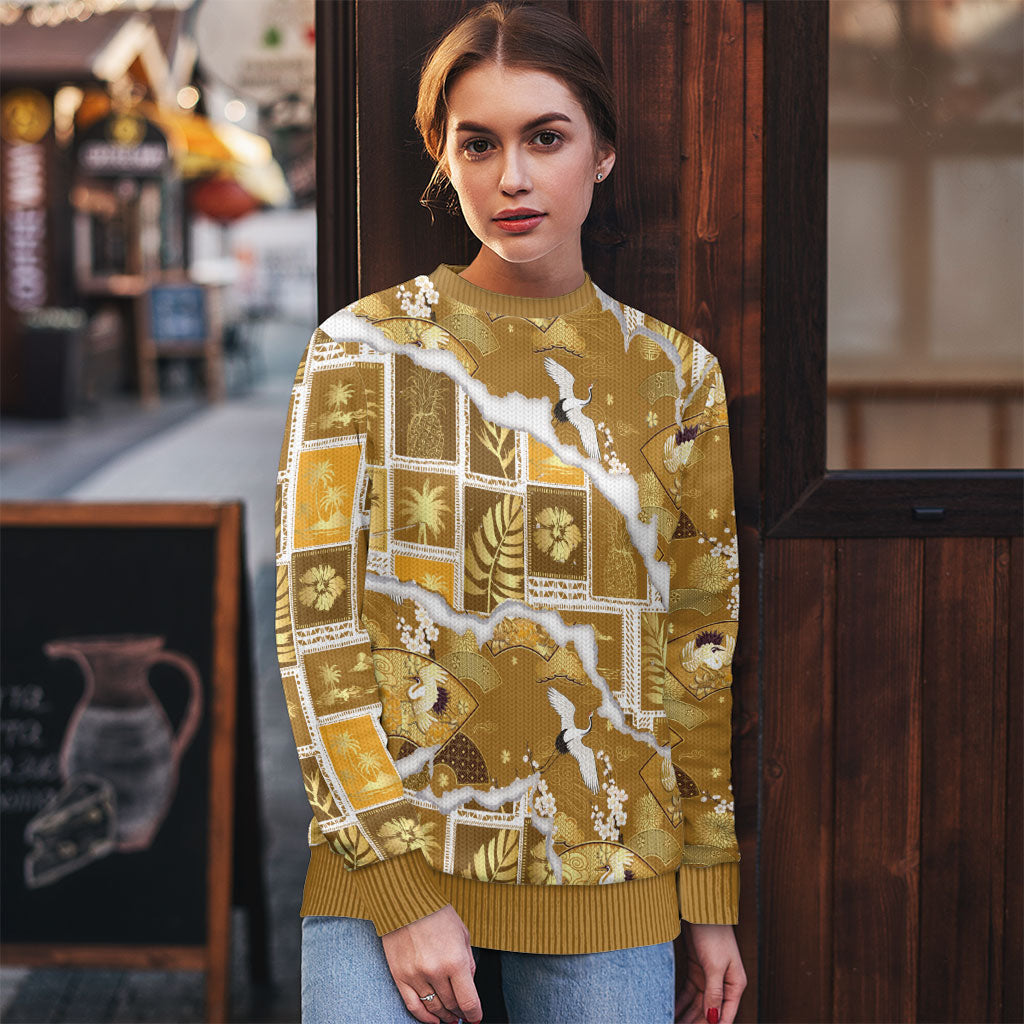 Hawaii Japanese Culture Gold Ugly Christmas Sweater Spring Cranes Aloha Pattern LT01 - Polynesian Pride