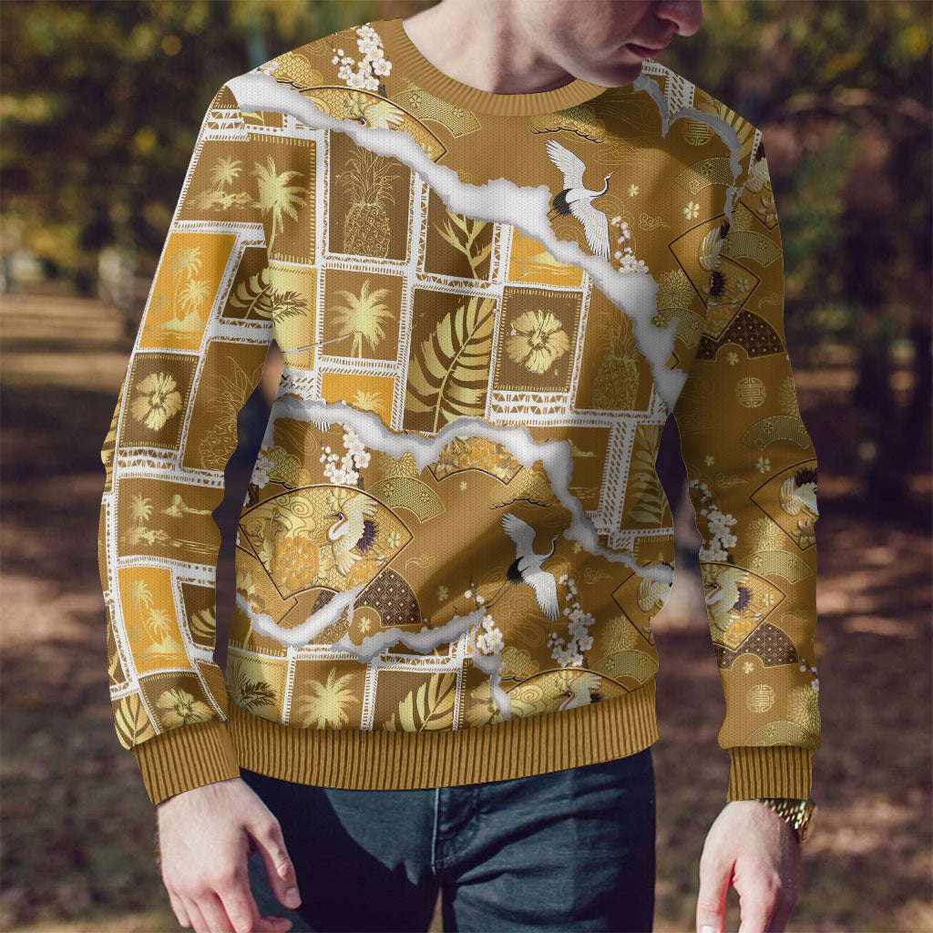 Hawaii Japanese Culture Gold Ugly Christmas Sweater Spring Cranes Aloha Pattern LT01 - Polynesian Pride
