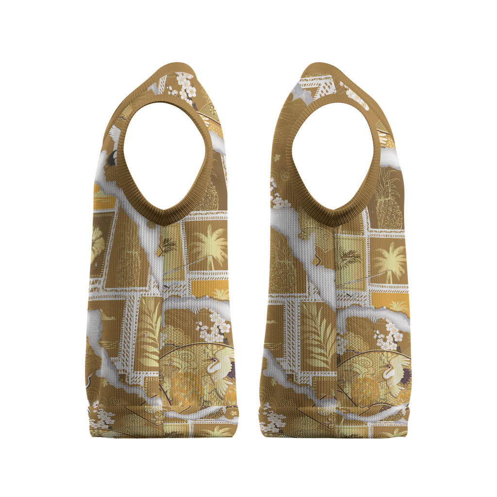 Hawaii Japanese Culture Gold Christmas Knitted V-Neck Vest Spring Cranes Aloha Pattern LT01 - Polynesian Pride