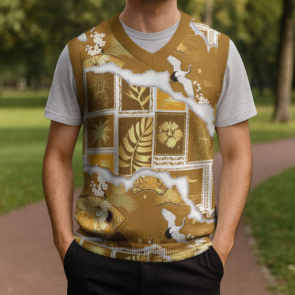 Hawaii Japanese Culture Gold Christmas Knitted V-Neck Vest Spring Cranes Aloha Pattern LT01 - Polynesian Pride