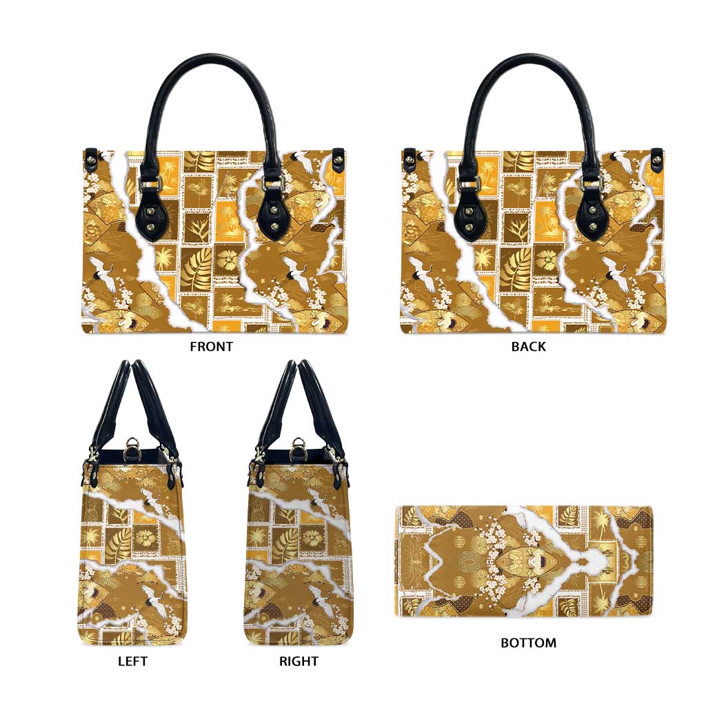 Hawaii Japanese Culture Gold Leather Bag Spring Cranes Aloha Pattern LT01 - Polynesian Pride