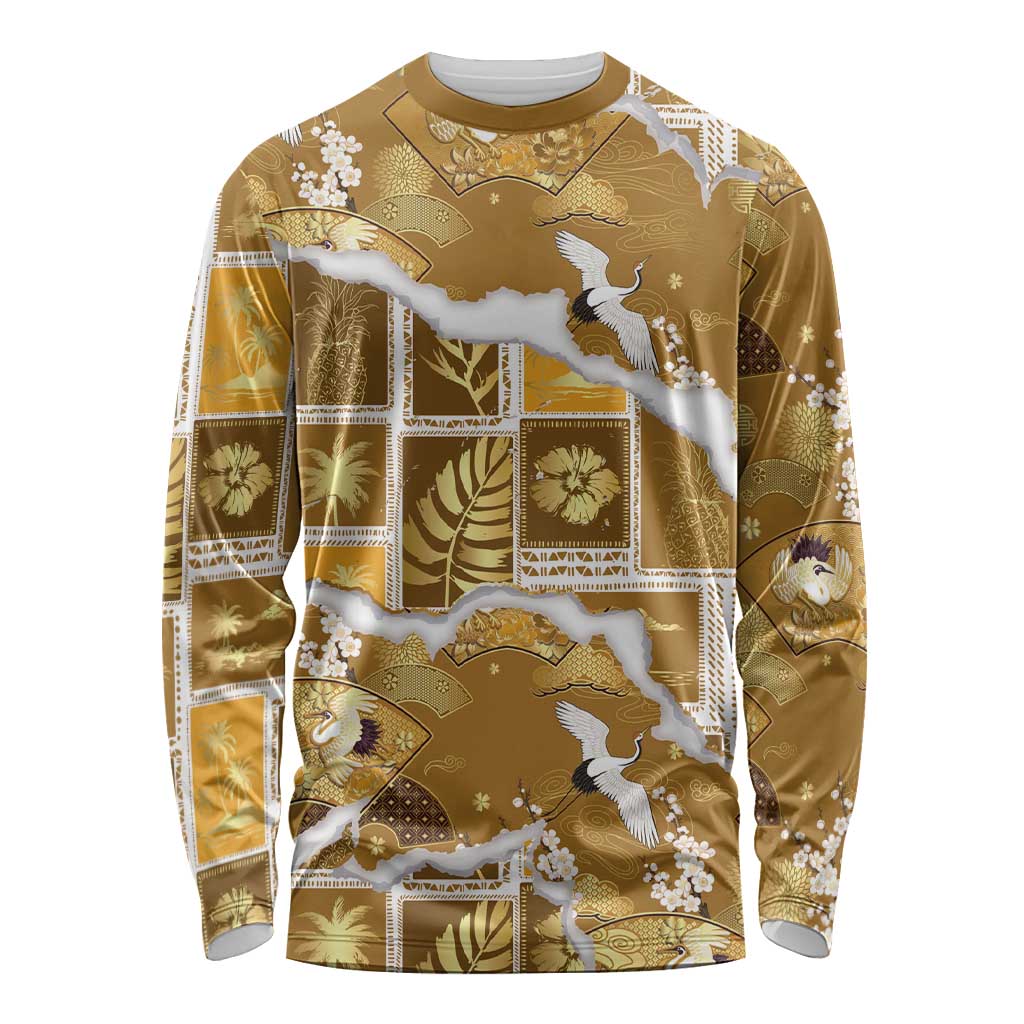 Hawaii Japanese Culture Gold Long Sleeve Shirt Spring Cranes Aloha Pattern LT01 Unisex Gold - Polynesian Pride
