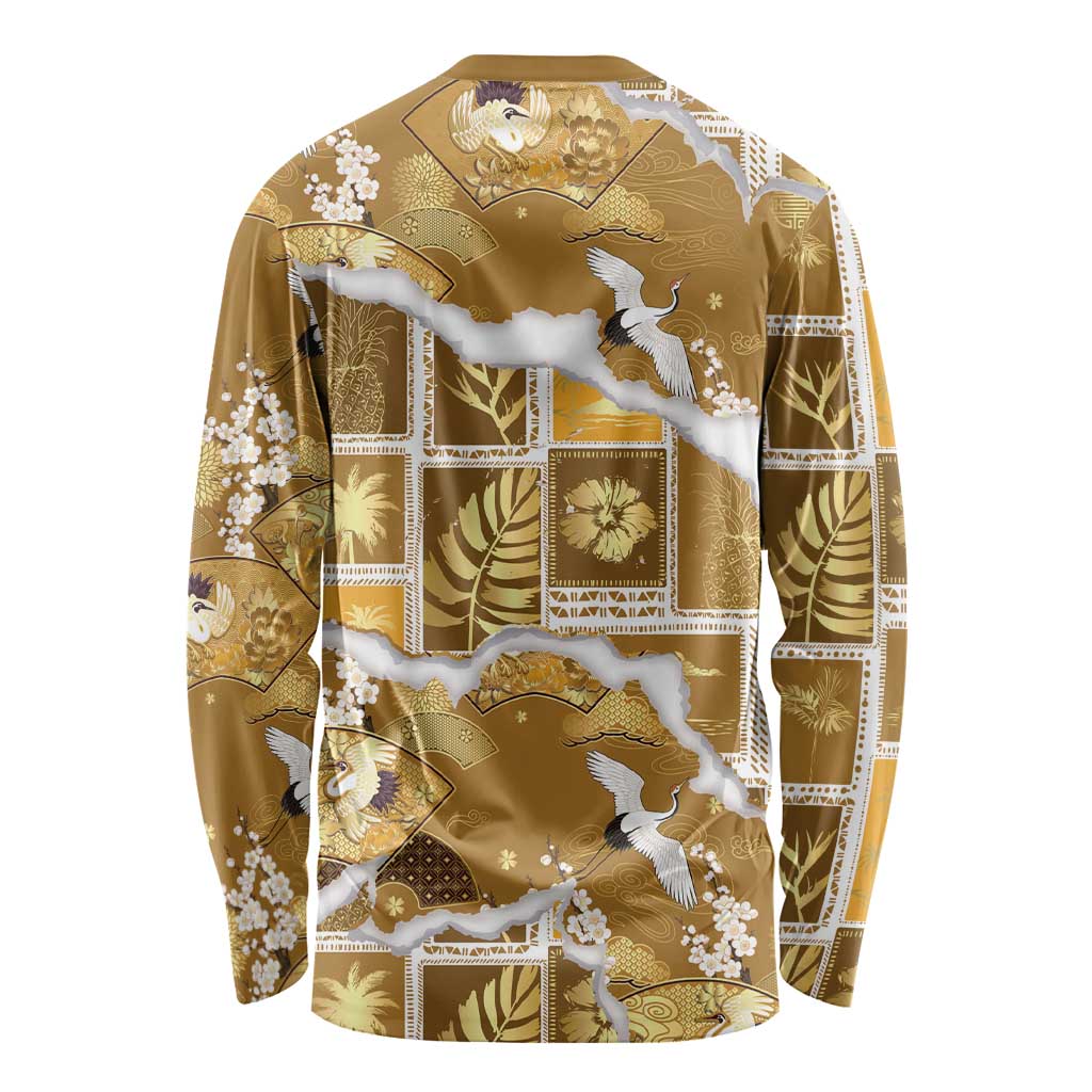 Hawaii Japanese Culture Gold Long Sleeve Shirt Spring Cranes Aloha Pattern LT01 - Polynesian Pride