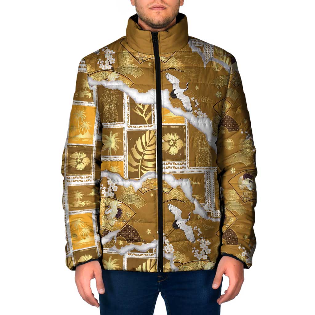 Hawaii Japanese Culture Gold Padded Jacket Spring Cranes Aloha Pattern LT01 Men Gold - Polynesian Pride
