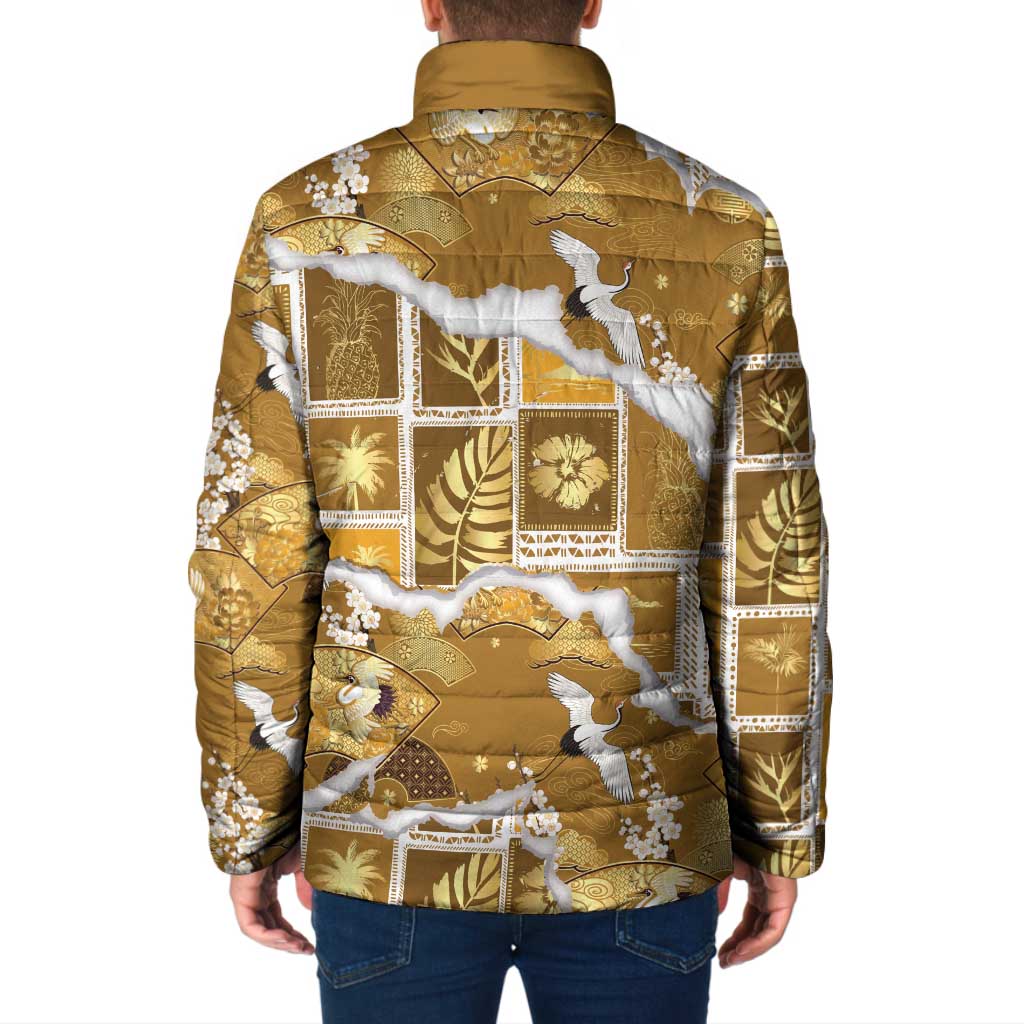 Hawaii Japanese Culture Gold Padded Jacket Spring Cranes Aloha Pattern LT01 - Polynesian Pride