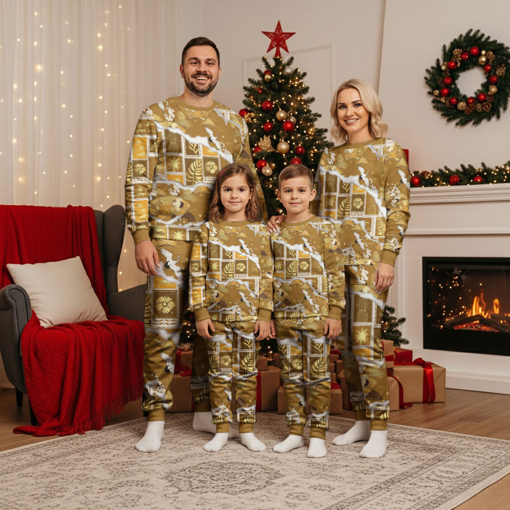 Hawaii Japanese Culture Gold Christmas Pajama Set Spring Cranes Aloha Pattern LT01 - Polynesian Pride