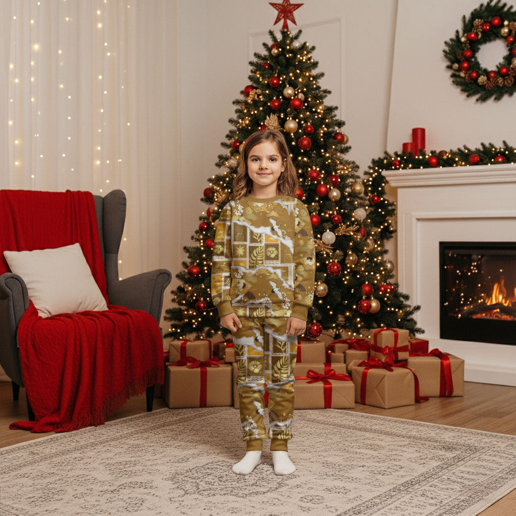 Hawaii Japanese Culture Gold Christmas Pajama Set Spring Cranes Aloha Pattern LT01 Kid Gold - Polynesian Pride