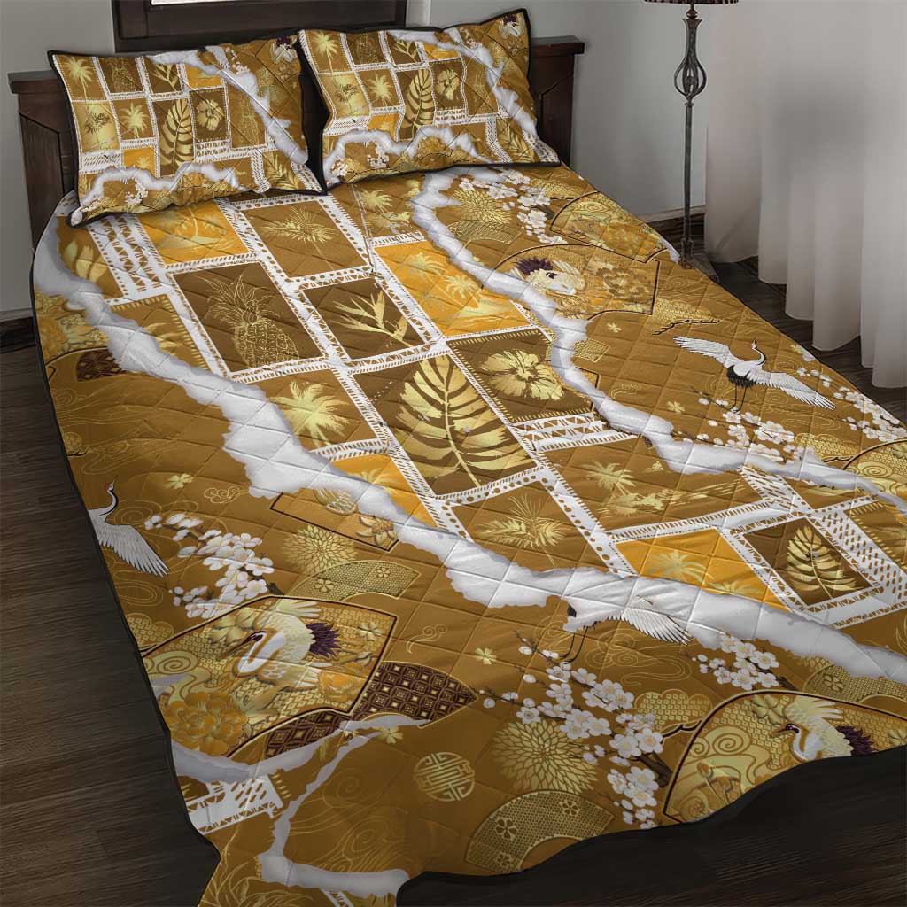 Hawaii Japanese Culture Gold Quilt Bed Set Spring Cranes Aloha Pattern LT01 Gold - Polynesian Pride