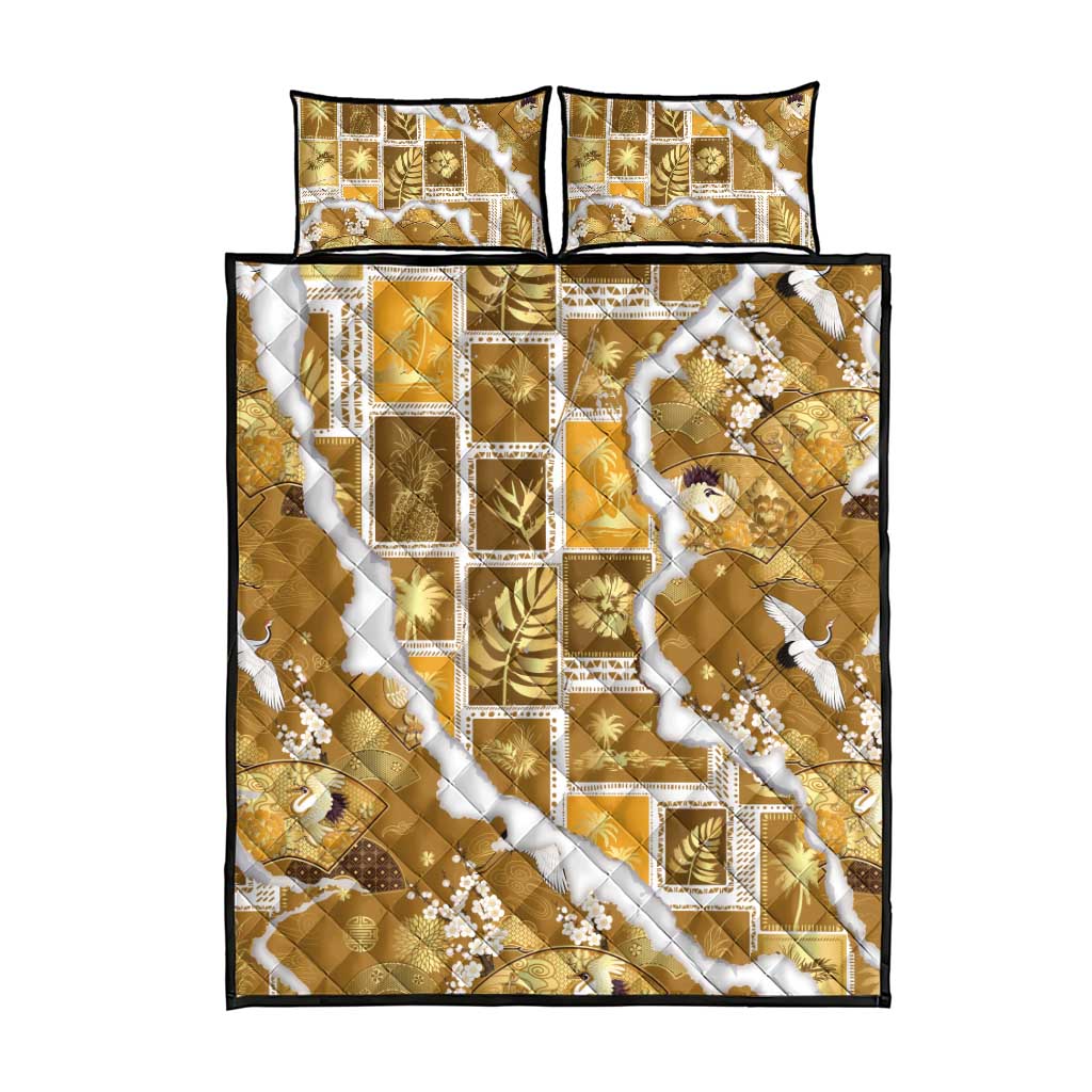 Hawaii Japanese Culture Gold Quilt Bed Set Spring Cranes Aloha Pattern LT01 - Polynesian Pride