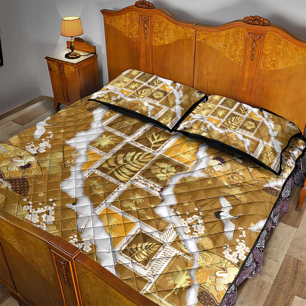 Hawaii Japanese Culture Gold Quilt Bed Set Spring Cranes Aloha Pattern LT01 - Polynesian Pride
