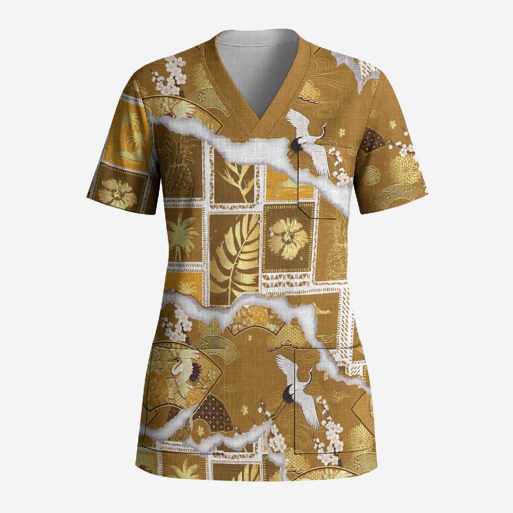 Hawaii Japanese Culture Gold Scrub Top Spring Cranes Aloha Pattern LT01 Adult Gold - Polynesian Pride