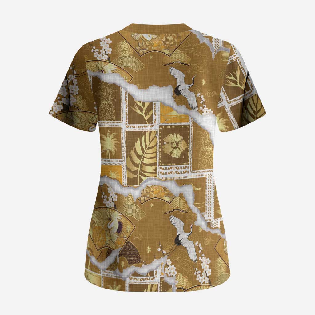 Hawaii Japanese Culture Gold Scrub Top Spring Cranes Aloha Pattern LT01 - Polynesian Pride