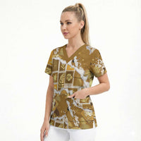 Hawaii Japanese Culture Gold Scrub Top Spring Cranes Aloha Pattern LT01 - Polynesian Pride
