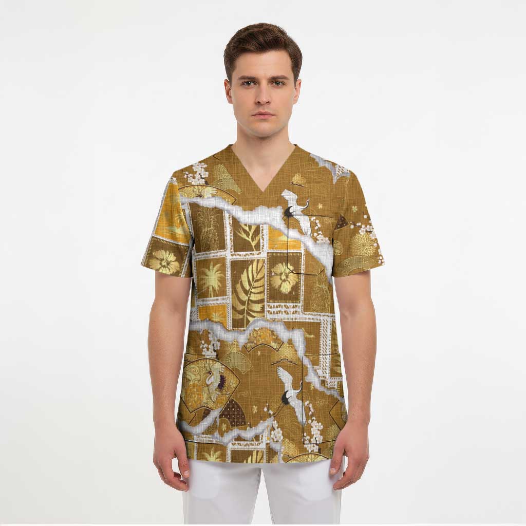 Hawaii Japanese Culture Gold Scrub Top Spring Cranes Aloha Pattern LT01 - Polynesian Pride