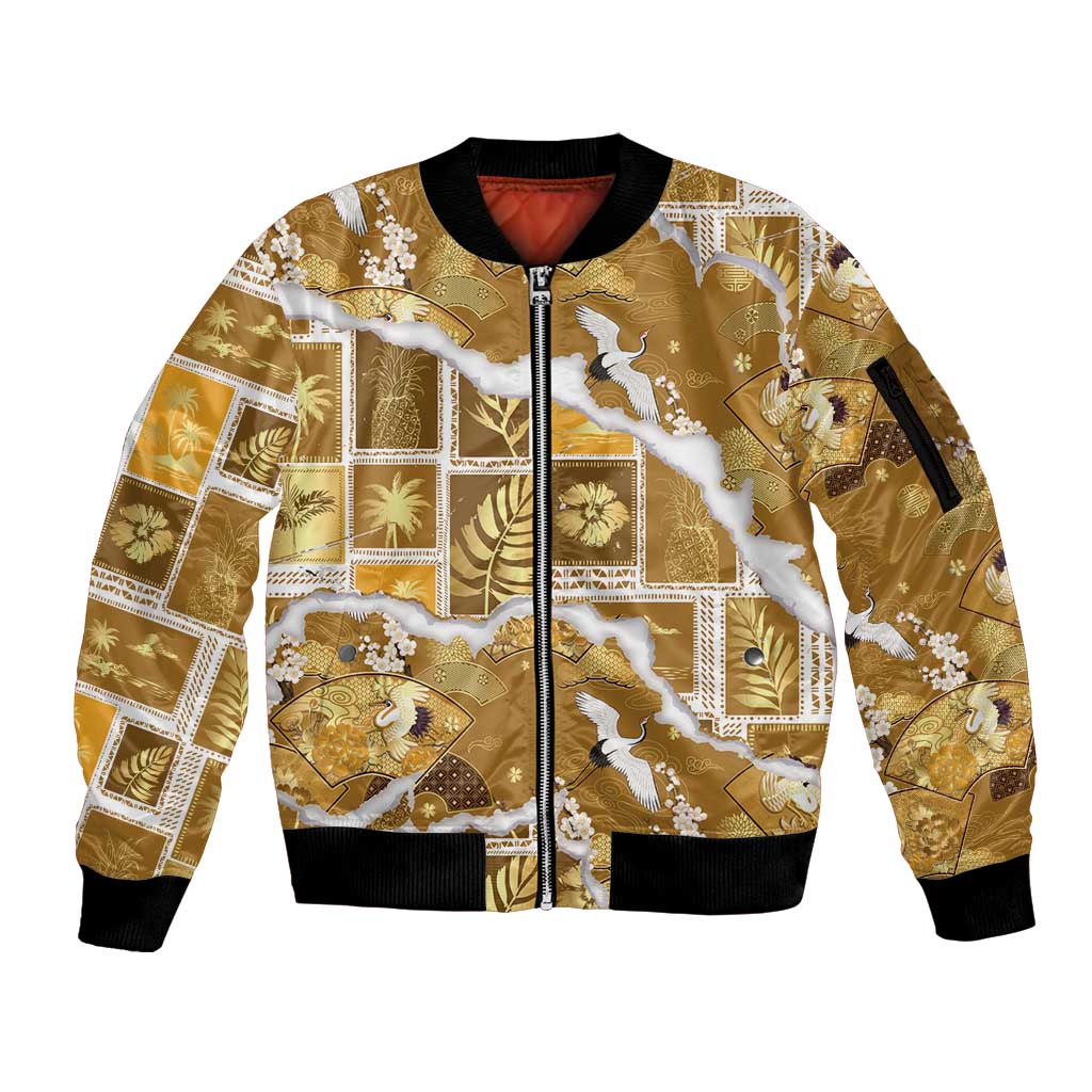 Hawaii Japanese Culture Gold Sleeve Zip Bomber Jacket Spring Cranes Aloha Pattern LT01 Unisex Gold - Polynesian Pride