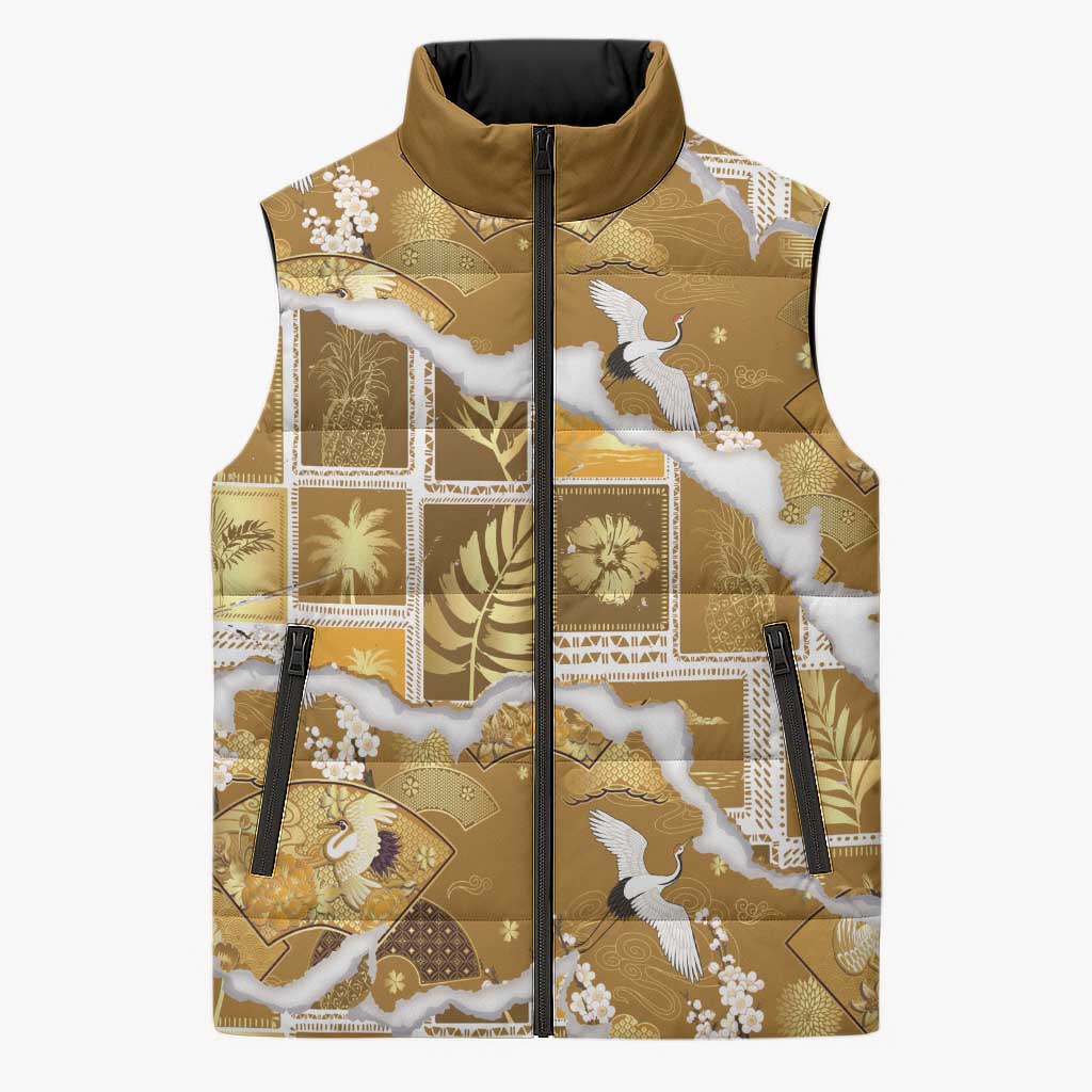 Hawaii Japanese Culture Gold Sleeveless Puffer Jacket Spring Cranes Aloha Pattern LT01 Unisex Gold - Polynesian Pride