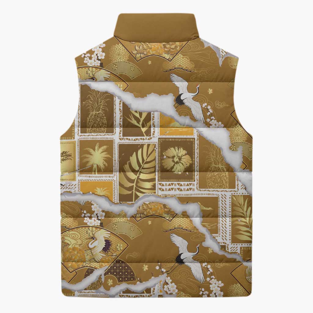 Hawaii Japanese Culture Gold Sleeveless Puffer Jacket Spring Cranes Aloha Pattern LT01 - Polynesian Pride