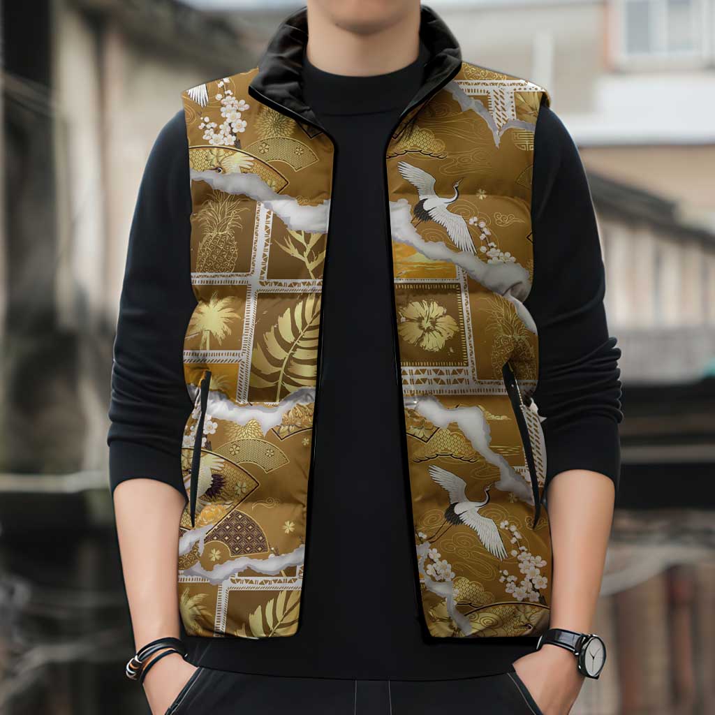 Hawaii Japanese Culture Gold Sleeveless Puffer Jacket Spring Cranes Aloha Pattern LT01 - Polynesian Pride