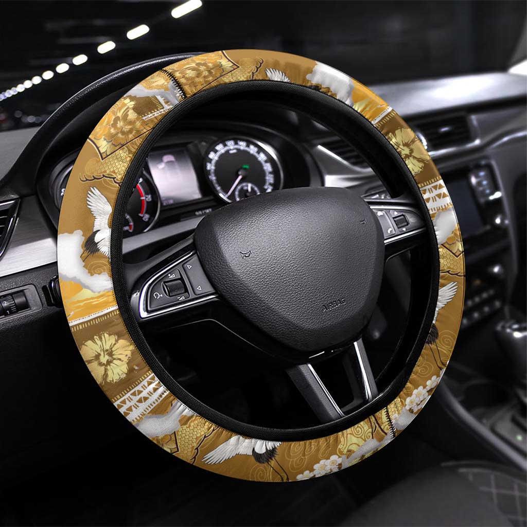 Hawaii Japanese Culture Gold Steering Wheel Cover Spring Cranes Aloha Pattern LT01 Universal Fit Gold - Polynesian Pride