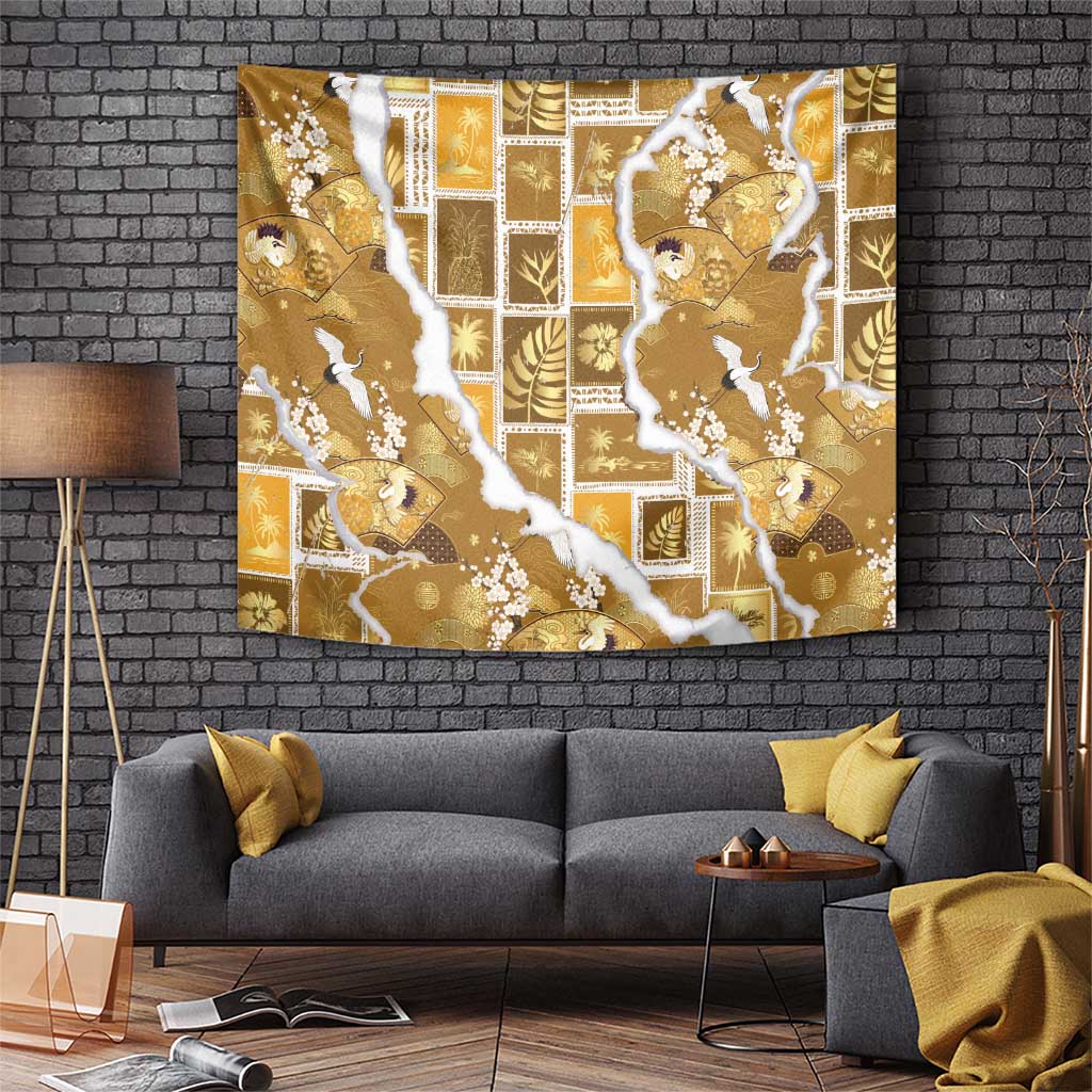 Hawaii Japanese Culture Gold Tapestry Spring Cranes Aloha Pattern LT01 Gold - Polynesian Pride