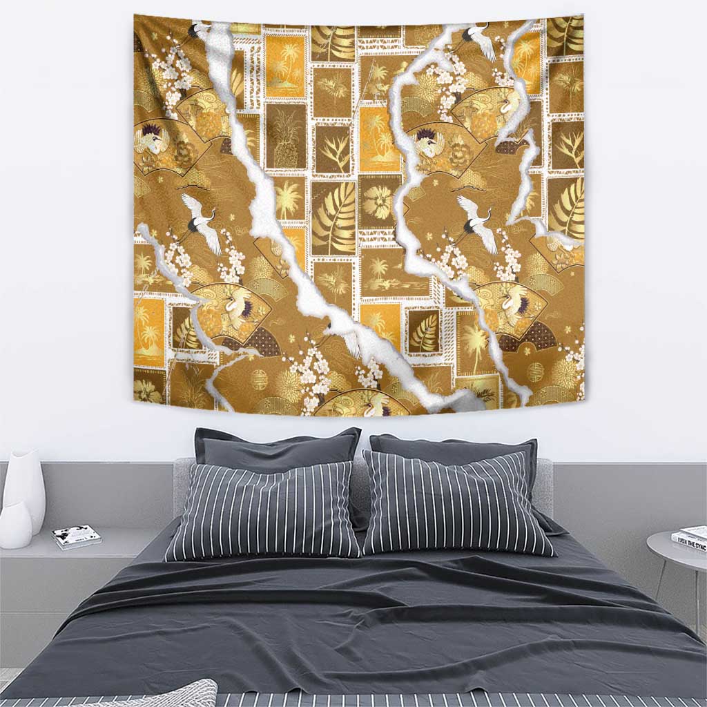 Hawaii Japanese Culture Gold Tapestry Spring Cranes Aloha Pattern LT01 - Polynesian Pride