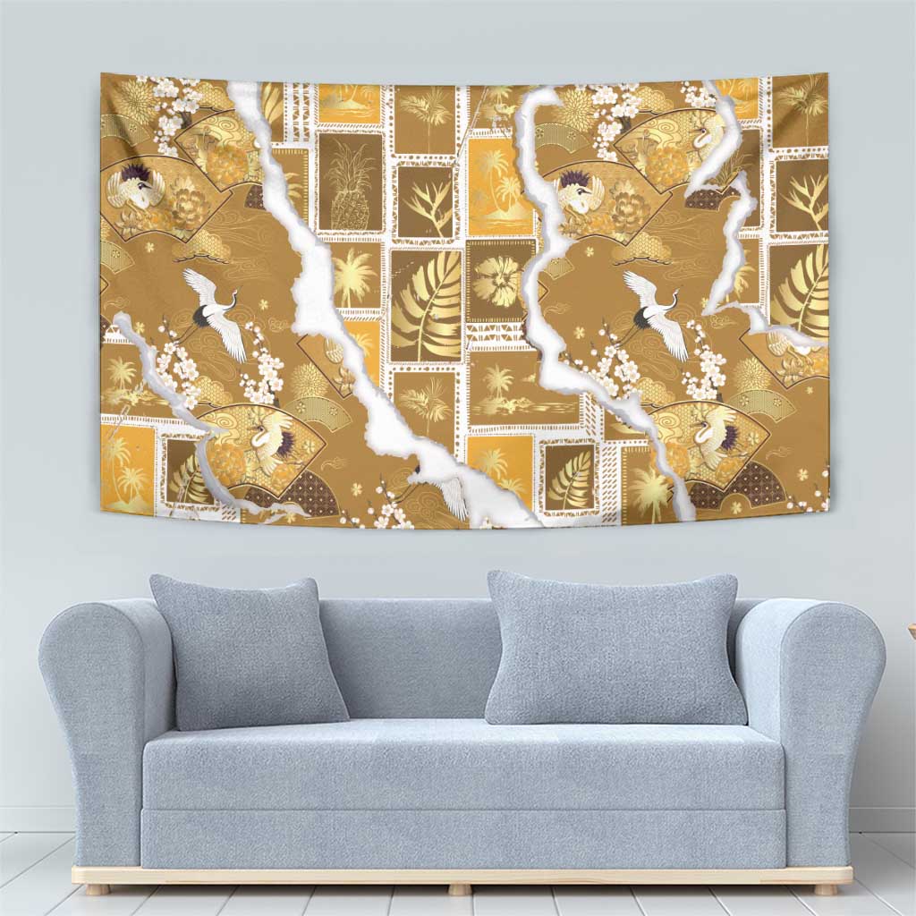 Hawaii Japanese Culture Gold Tapestry Spring Cranes Aloha Pattern LT01 - Polynesian Pride