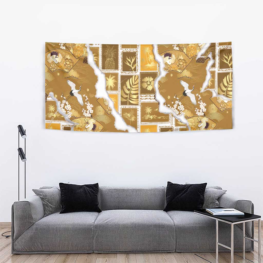 Hawaii Japanese Culture Gold Tapestry Spring Cranes Aloha Pattern LT01 - Polynesian Pride