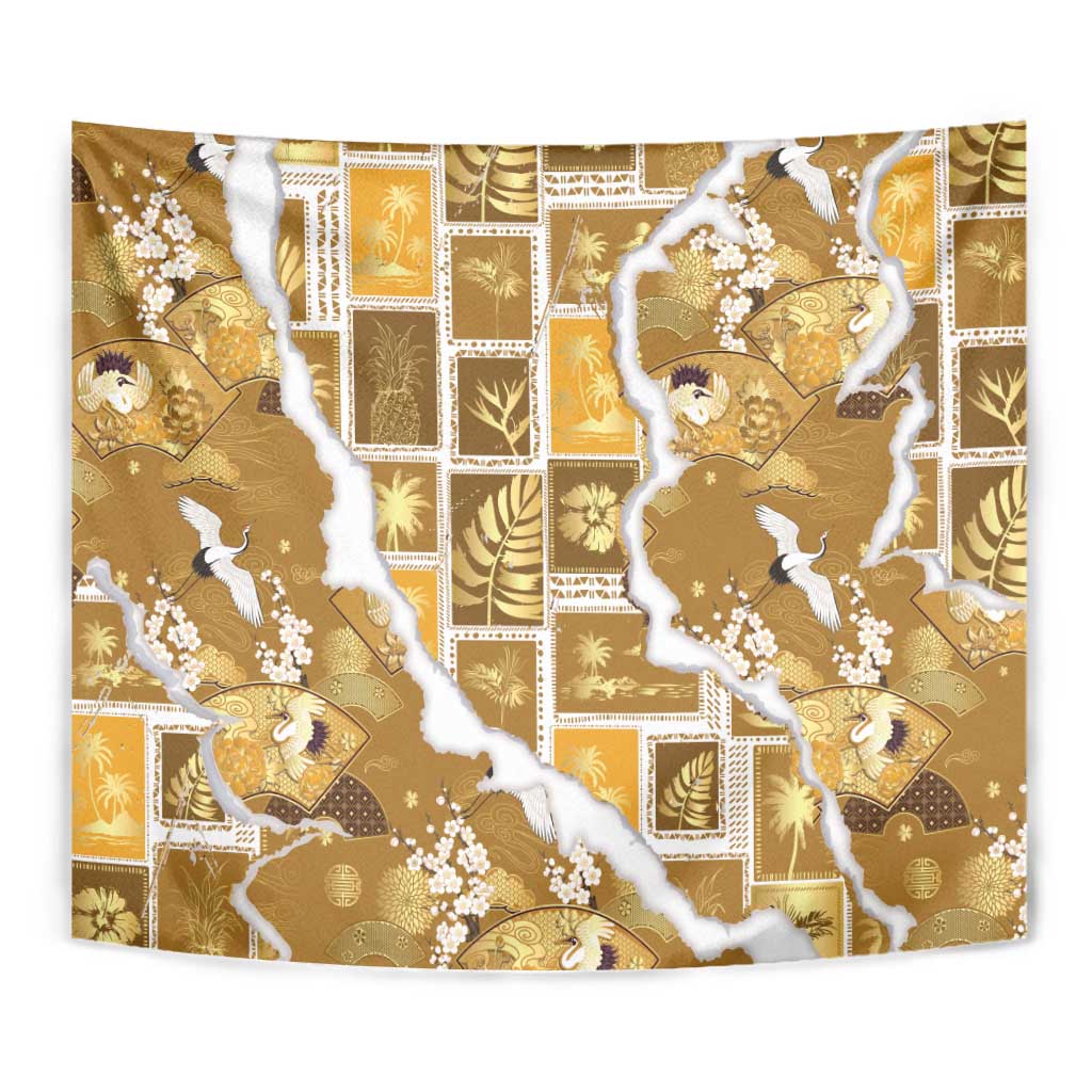 Hawaii Japanese Culture Gold Tapestry Spring Cranes Aloha Pattern LT01 - Polynesian Pride