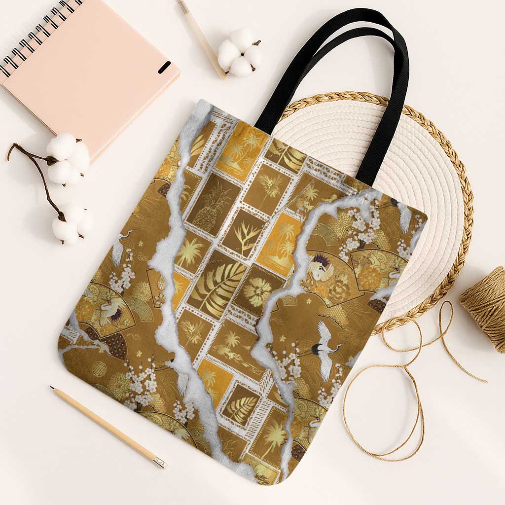 Hawaii Japanese Culture Gold Tote Bag Spring Cranes Aloha Pattern LT01 Black Strap One Size Gold - Polynesian Pride