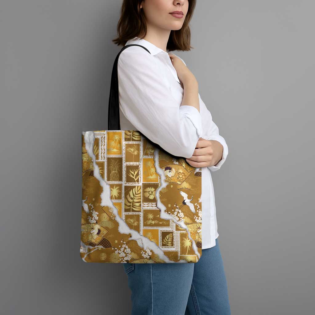 Hawaii Japanese Culture Gold Tote Bag Spring Cranes Aloha Pattern LT01 - Polynesian Pride
