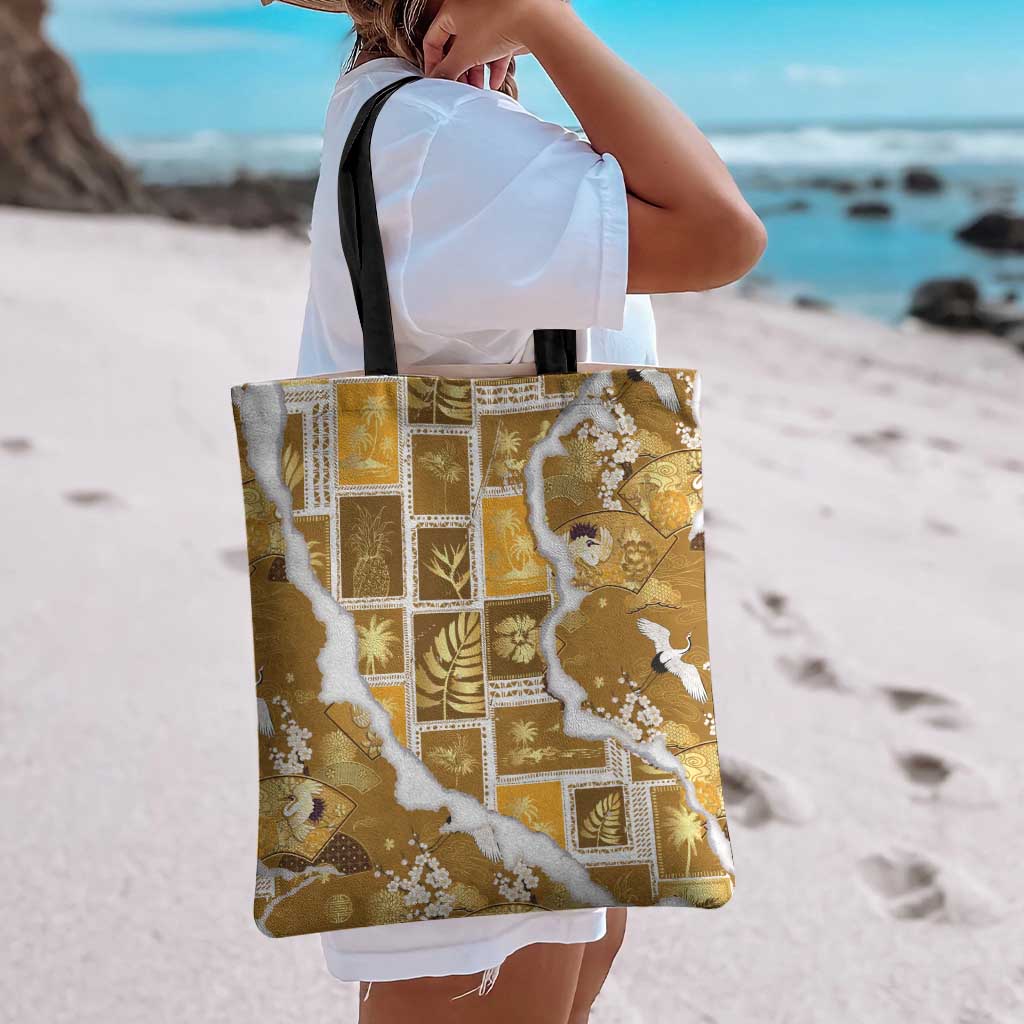 Hawaii Japanese Culture Gold Tote Bag Spring Cranes Aloha Pattern LT01 - Polynesian Pride
