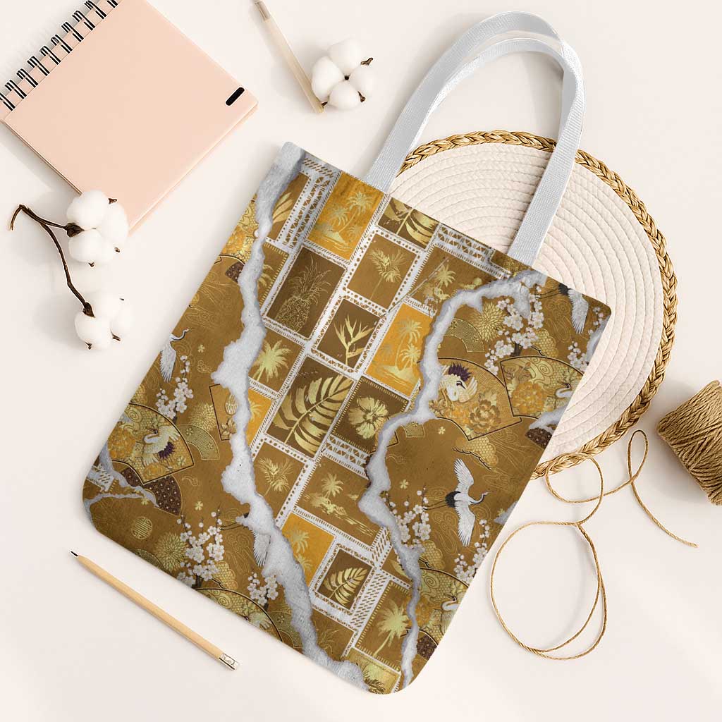 Hawaii Japanese Culture Gold Tote Bag Spring Cranes Aloha Pattern LT01 White Strap One Size Gold - Polynesian Pride