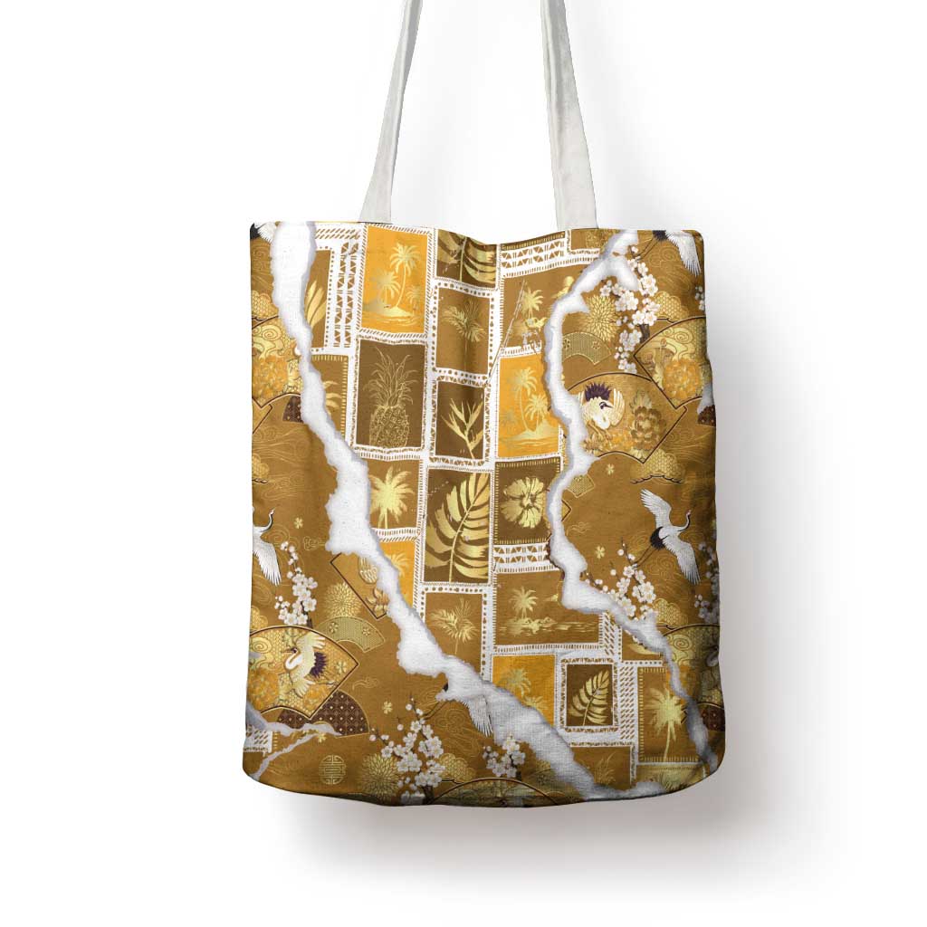 Hawaii Japanese Culture Gold Tote Bag Spring Cranes Aloha Pattern LT01 - Polynesian Pride