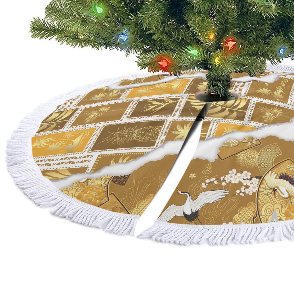 Hawaii Japanese Culture Gold Tree Skirt Spring Cranes Aloha Pattern LT01 - Polynesian Pride