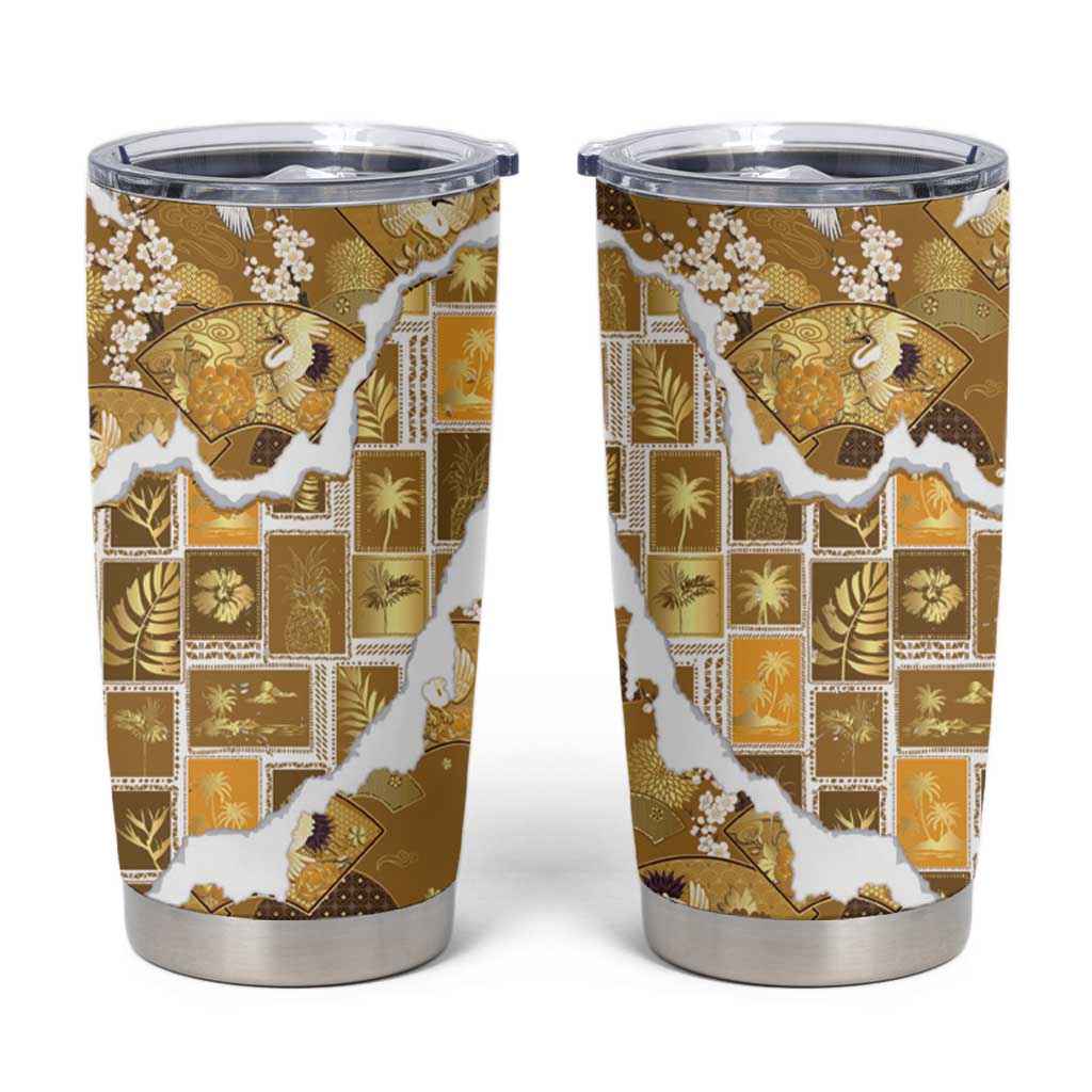 Hawaii Japanese Culture Gold Tumbler Cup Spring Cranes Aloha Pattern LT01 Gold - Polynesian Pride
