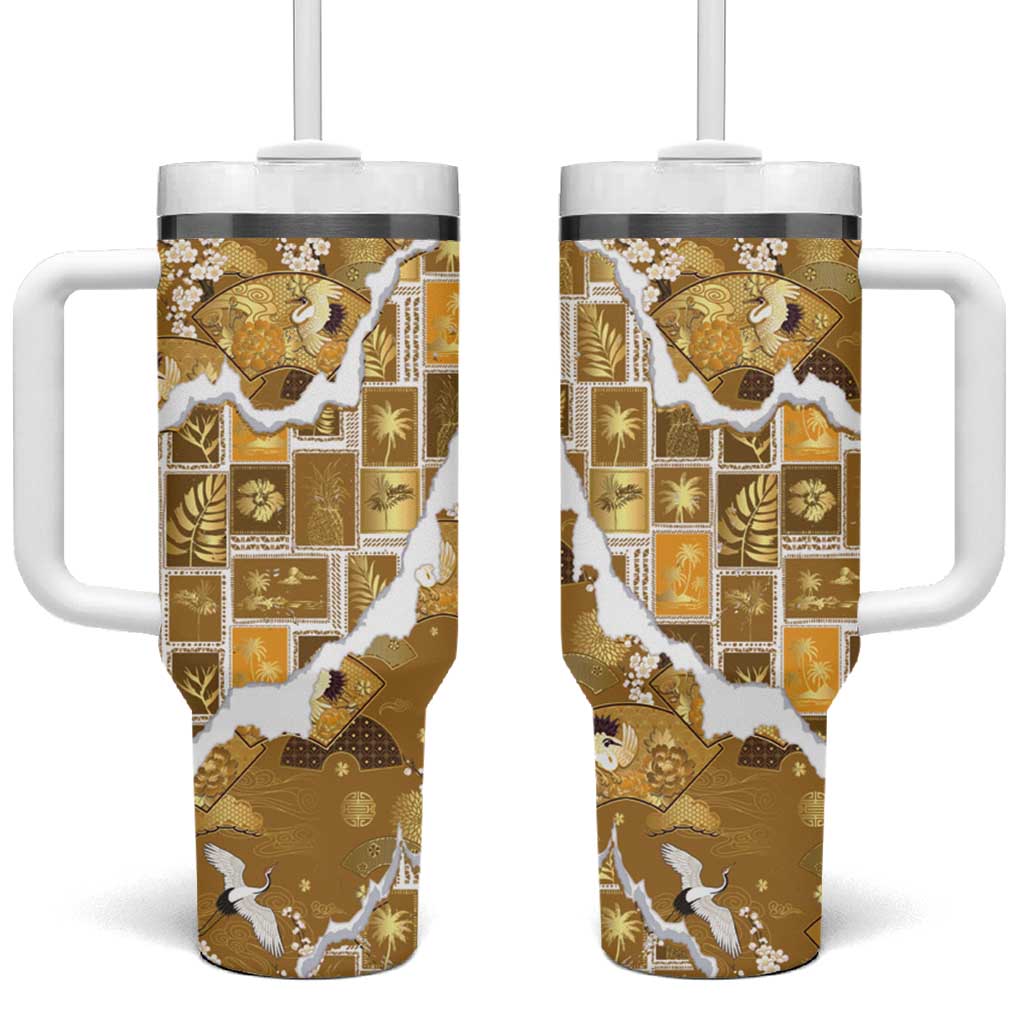 Hawaii Japanese Culture Gold Tumbler With Handle Spring Cranes Aloha Pattern LT01 One Size: 40 oz Gold - Polynesian Pride