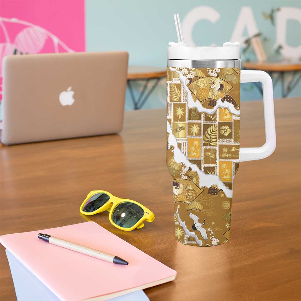 Hawaii Japanese Culture Gold Tumbler With Handle Spring Cranes Aloha Pattern LT01 - Polynesian Pride